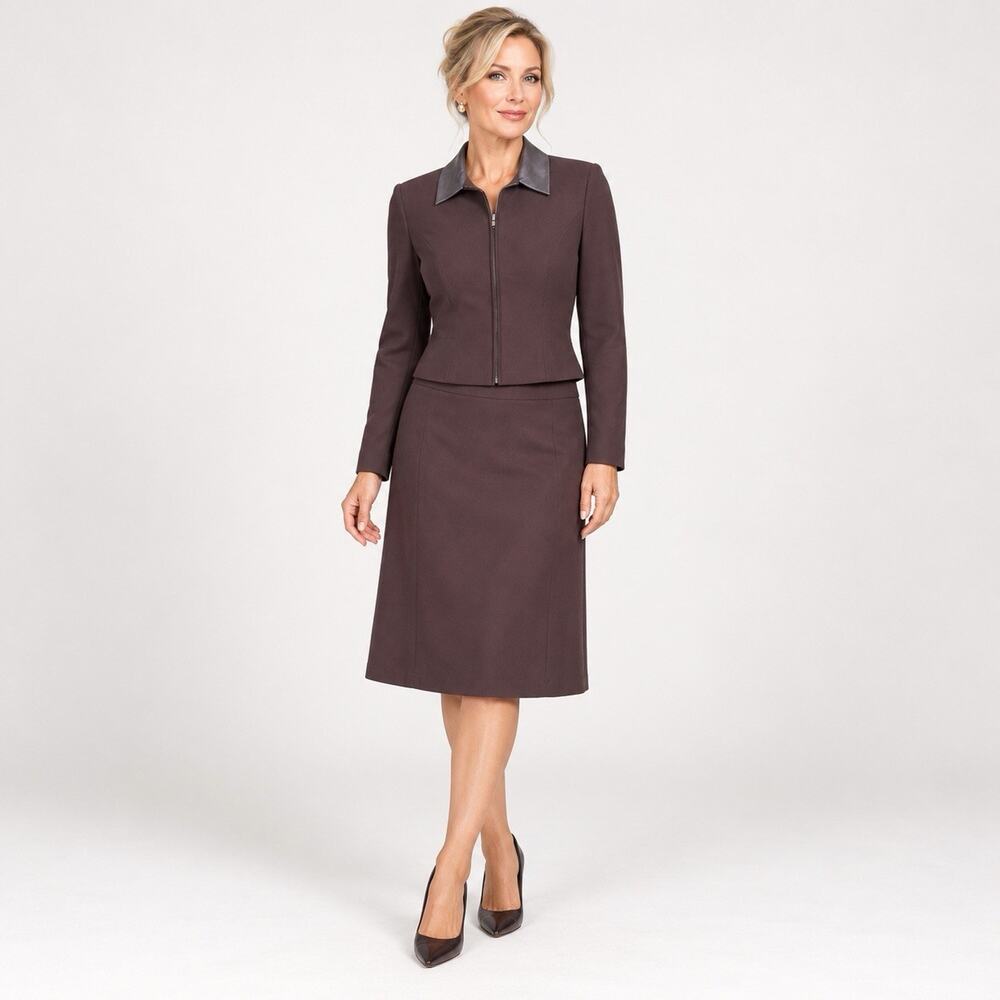 George Skirt Suit Set Womens 12 Chocolate Brown Long Sleeve Midi Zip Vintage Y2K
